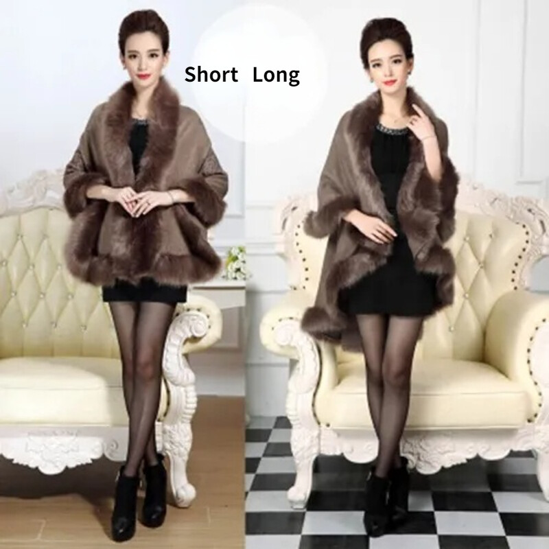 Poncho Cape Femme - Tricot Chaud Avec Faux Col Fourrure - Multicolore - Taille Unique