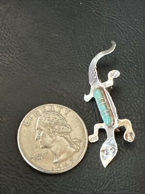 Blue Turquoise Navajo Sterling Silver Inlay Gecko Lizard Pin