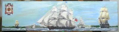PICTORIAL DECOUPAGE PAINTING ''THE SAILBOAT'' ON CANVAS SIZE 22 CM X 85 CM. ITALY