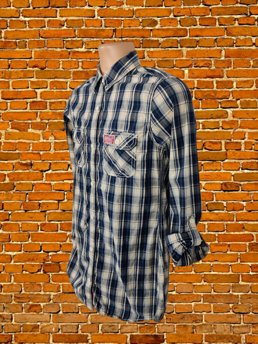 CAMICIA TRUCKER UOMO SUPERDRY UK MEDIUM M BLU CHECK CASUAL ARROTOLATA MANICA LUNGA SLIM - Foto 4 di 7