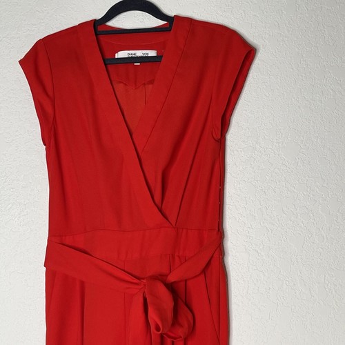 Mono Diane Von Furstenberg Sin Mangas Pierna Ancha Corbata Cintura Talla 0 Rojo - Imagen 3 de 17
