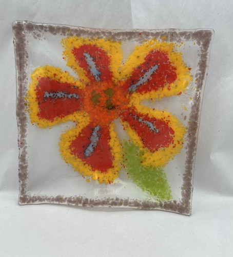 St.Coletta Speckled Flower Confetti Fused Art Glass Square Plate 8" Boho