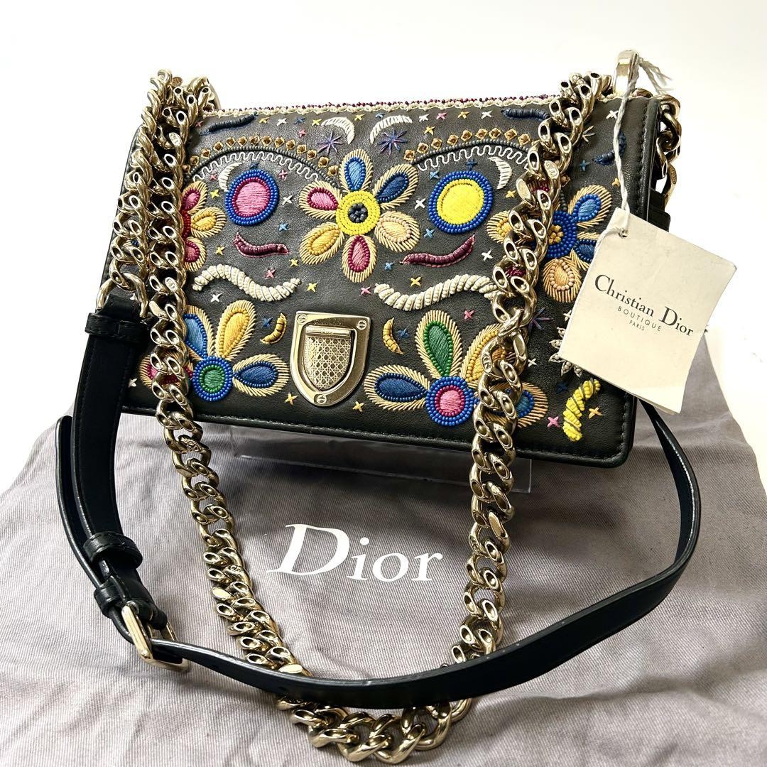 Dior Diorama Black Embroidered Leather Chain Shoulder Bag Authentic