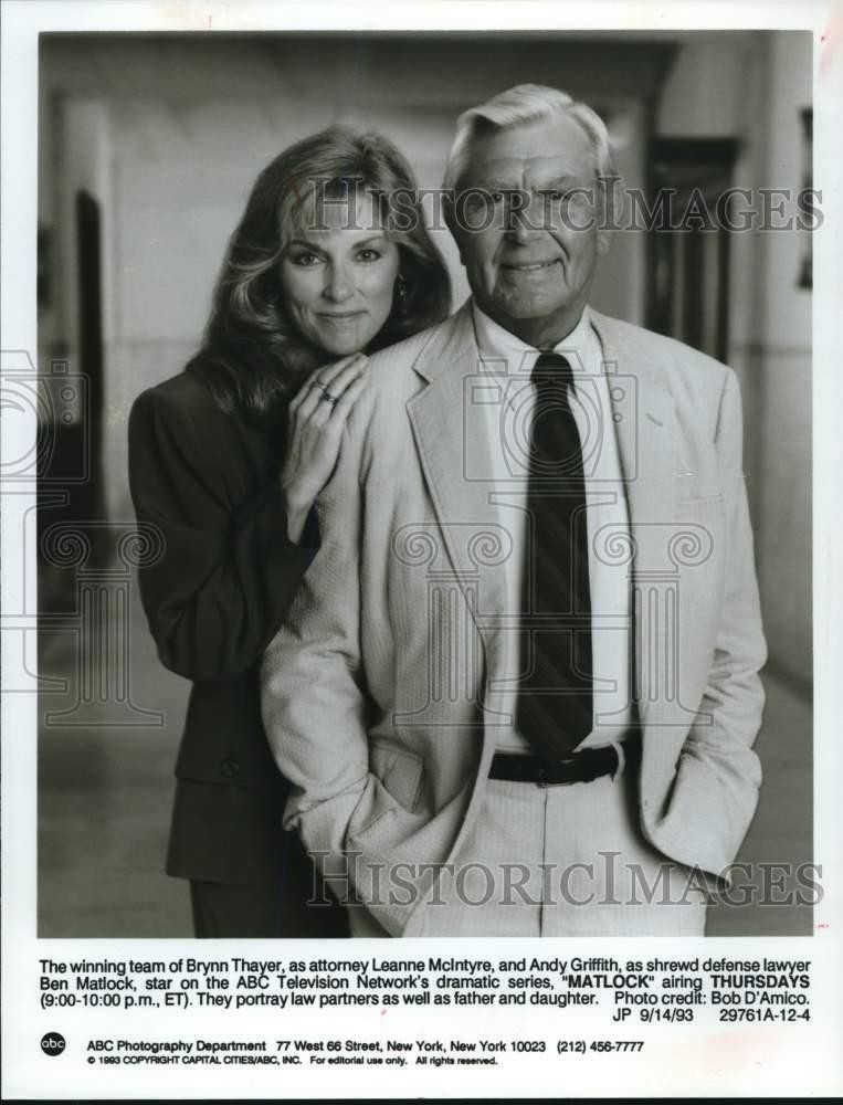 1993 Press Photo Actors Brynn Thayer, Andy Griffith in 