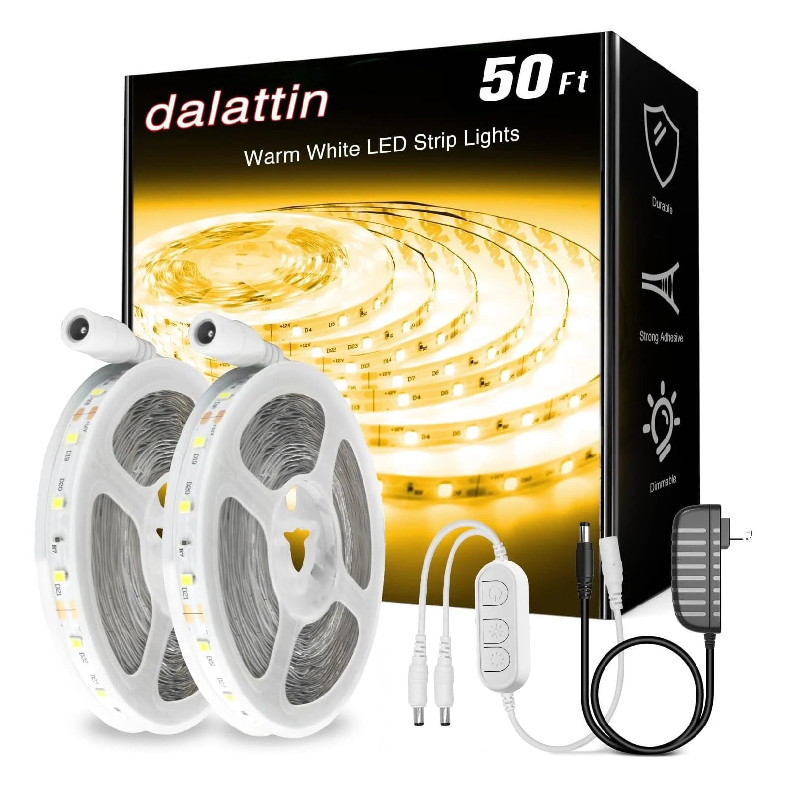 Warm White LED Strip Lights 50ft, Led Lights Strip Dimmable Bright 24V 3000K,...