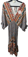 NWT Umgee Boho Floral Midi Dress M Rayon Hi-Low Ruffle V-Neck 3/4 Sleeve A9
