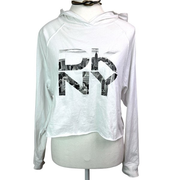 DKNY Sport Women’s White Cropped Sweatshirt Hoodie Sz XS New York City Graphic