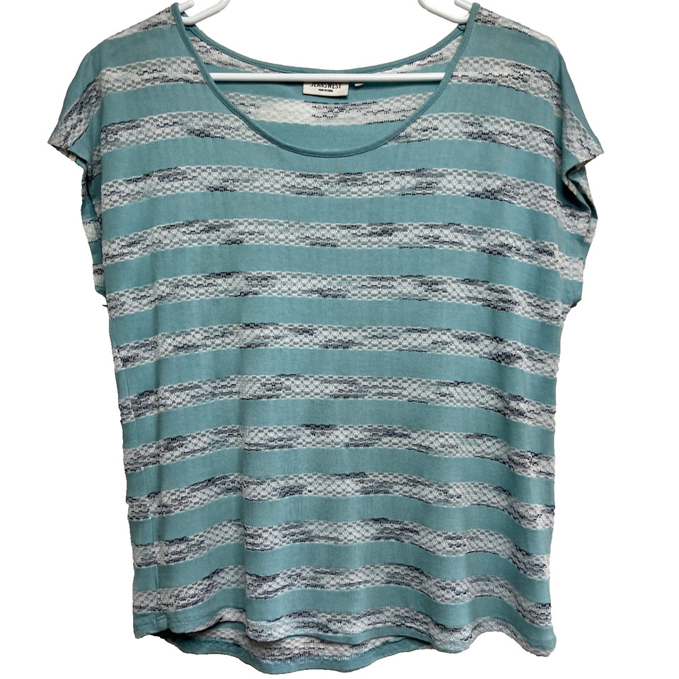 Jeanswest Shirt Top Women Medium Blue White Striped Sheer Short Sleeve Tee T