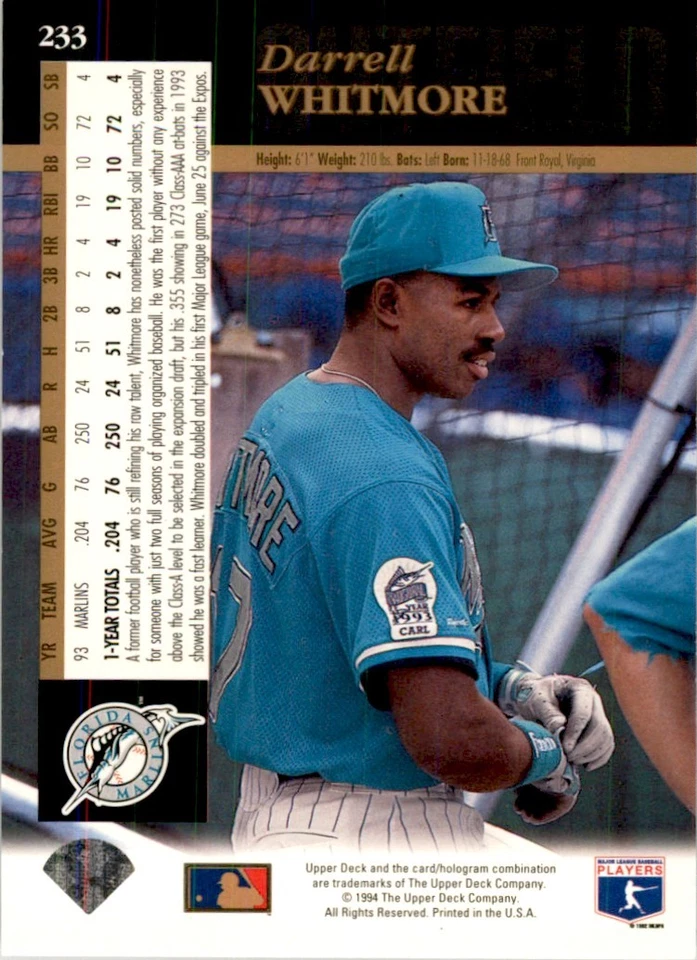 1994 UPPER DECK* DARRELL WHITMORE FLORIDA MARLINS #233 - Image 2 of 2