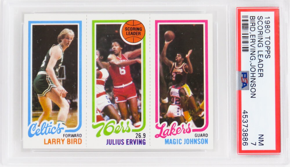MAGIC JOHNSON のウルトラレアカード！ Larry Bird Magic Johnson Julius Erving 1980 Topps Scoring Leader