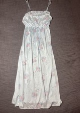 Vintage Lorraine Nightgown Sz M Nylon Maxi Gown Cinched Waist Blue Silky Floral