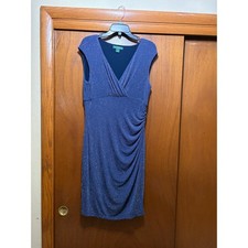 Lauren Ralph Lauren Metallic Navy Blue Ruched V-Neck Cocktail Dress Size 14
