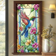 Window Film 17.7x39.3 Inch Static Cling Hummingbird Floral Stained Glass Styl...