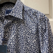 David Donahue Men's Large Blue/White Floral Dress Shirt $155 NWT
