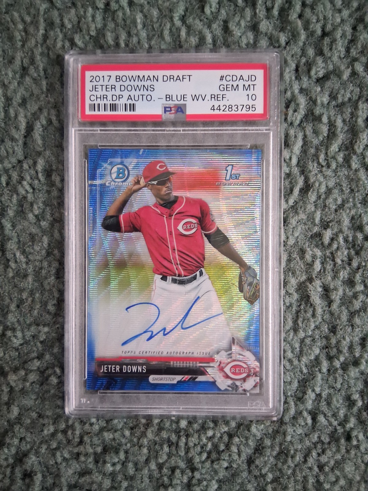2017 BOWMAN CHROME DRAFT JETER DOWNS BLUE WAVE REFRACTOR AUTO RC PSA 10, /150 view 3
