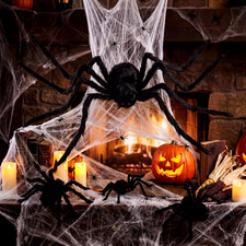 4 Pcs Halloween Giant Black Plush Spiders with 900 Sqft Cobwebs 30 Pcs Plastic L