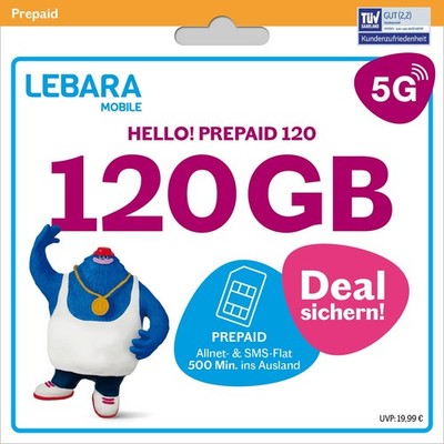 Prepaid SIMKarte mit Hello 120 Prepaid Tarif ohne Vertrag | 120 GB Datenvolum...