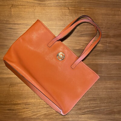 Michael Kors Dark Orange Crosshatch Leather Logo Lined Large