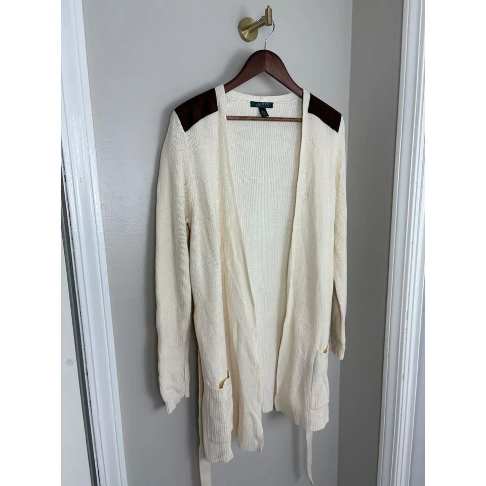 Lauren Ralph Lauren Cream Cardigan Sweater Knit Suede Shoulder Sz Large Flaw - Image 4 of 4