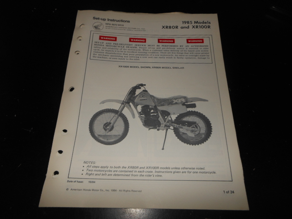 アンティーク モーターサイクル トイ OEM Factory Set Up Instructions Manual Honda 1985 XR80 XR100