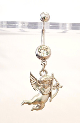 Belly Ring Cupid w/Clear Gem Dangle Naval Steel 