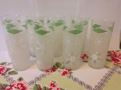 MCM Anchor Hocking Frosted Atomic Snowflake Glasses Tumblers Tom Collins 8 Pc Gr