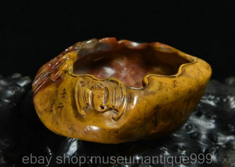 3.2"China Natural Tianhuang Shoushan stone Carving Coin Bat writing-brush washer Foto 3 de 4