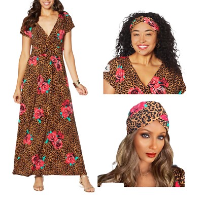 IMAN Maxi Dress w Head Wrap Wrinkle Resistant 8-10 Petite M Leopard Rose  692-183 | eBay