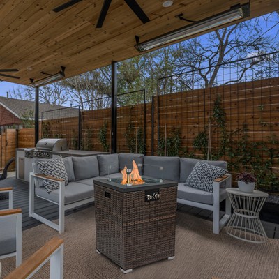 Wicker Fire Pit Column with Glass Guard Outdoor Patio Fire Table