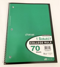 TOP FLIGHT GREEN Notebook 70 Sheets 1 Subject 10.5" X 8" School College ANT15