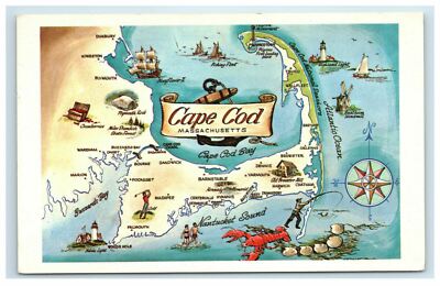 Cape Cod MA Map Postcard Mass Massachusettes 