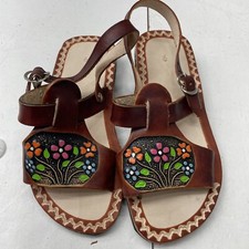 Handcrafted Brown Leather Sandals Multicolor Floral Girls Youth Size 12 NEW