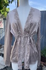 100% Silk Beige Lace Night Wear Tunic Nighty Cardigan Jacket Size 8 - 10