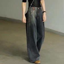 Ladies Denim Pants Trousers Loose Straight Wide Leg Jeans Bottoms Retro Black