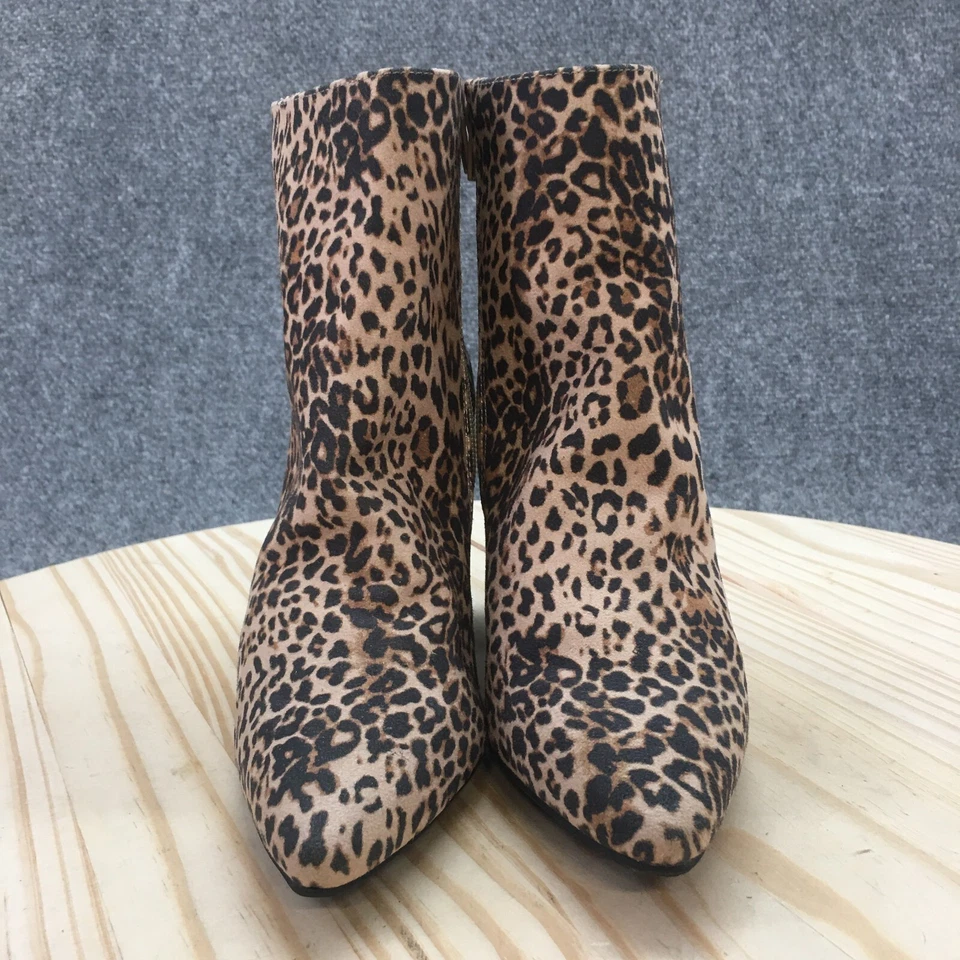 Botas de azúcar para mujer 7 Evvie cremallera lateral estampado animal botín de tela marrón tacones Foto 4 de 4