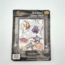 Stamped Cross Stitch Kit Golden Bee Fish Shells20419  8x10  Open But Unused READ