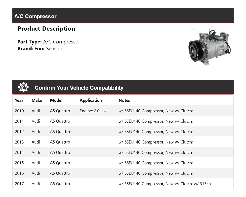 For 2010-2017 Audi A5 Quattro A/C Compressor 4 Seasons 2011 2012 2013 2014 2015 - Image 2 of 4