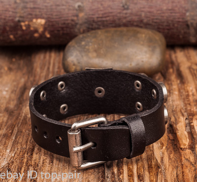 Mens Punk Rock Cross Studded Genuine Leather Bracelet Wristband