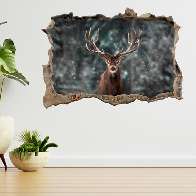 Rothirsch Hirsch Winter Schnee Wald 3D Smashed View Wandaufkleber Poster Aufkleber A249