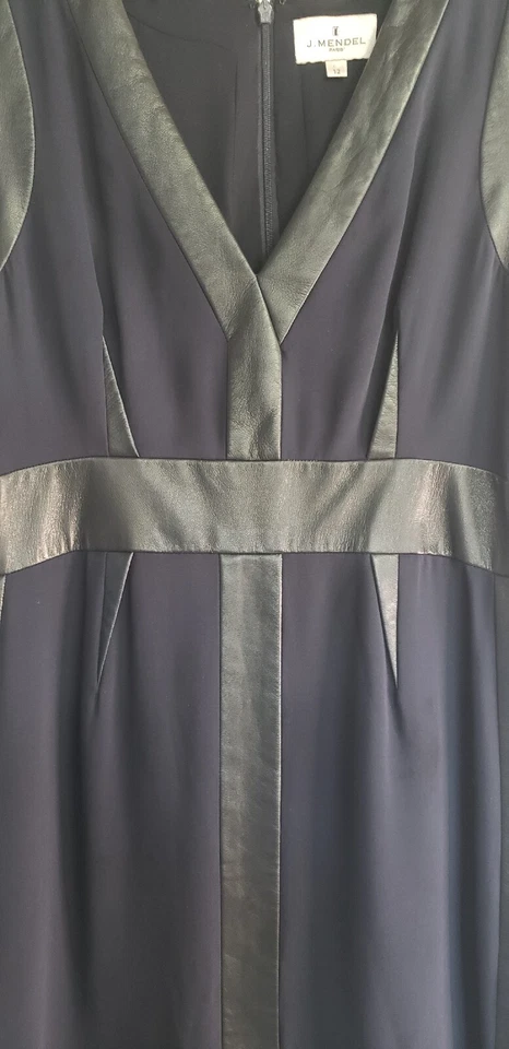 Vestido de Noche J. Mendel Paris Negro Cuero Borde Azul Marino Talla 12 Diseñador *LEER* Foto 3 de 4