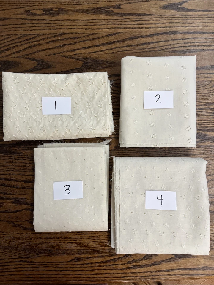 Vtg 4 Pieces Solid Ivory Embroidered EYELET Floral FABRIC Quilt 80s 90s 3+ Yds - Image 2 of 4