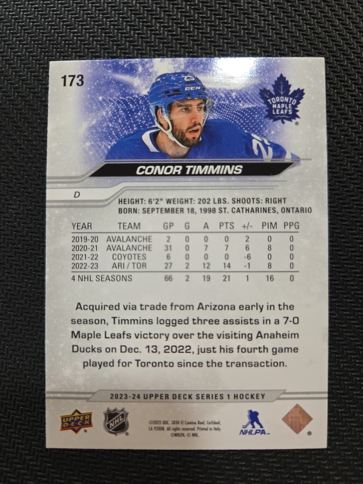 2023 Upper Deck Series 1 Hockey Conor Timmins 173 Outburst Silver 2023-upper-deck-series-1-hockey-conor-timmins-173-outburst-silver