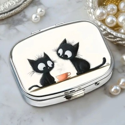 Metal Pill Tin / Trinket Box Kitten Twins Two Section Safe Medication Storage