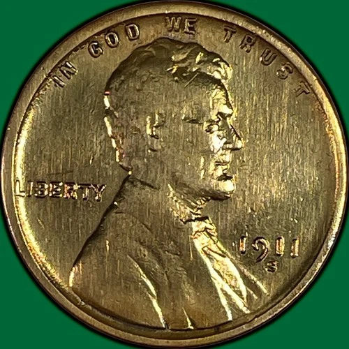 1911-S Lincoln Wheat Cent Fine F Coin, Harshly Cleaned #34372