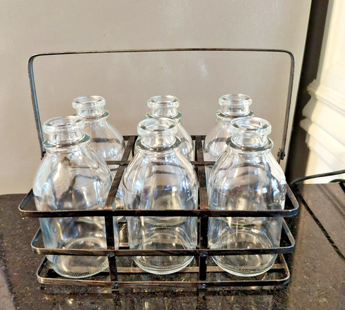 6 Miniature Glass Milk Bottles in Farmhouse Style Wire Basket w/ Handle