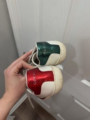 Gucci Ace White Leather Green Croc Look Heel Trainers  display picture 3