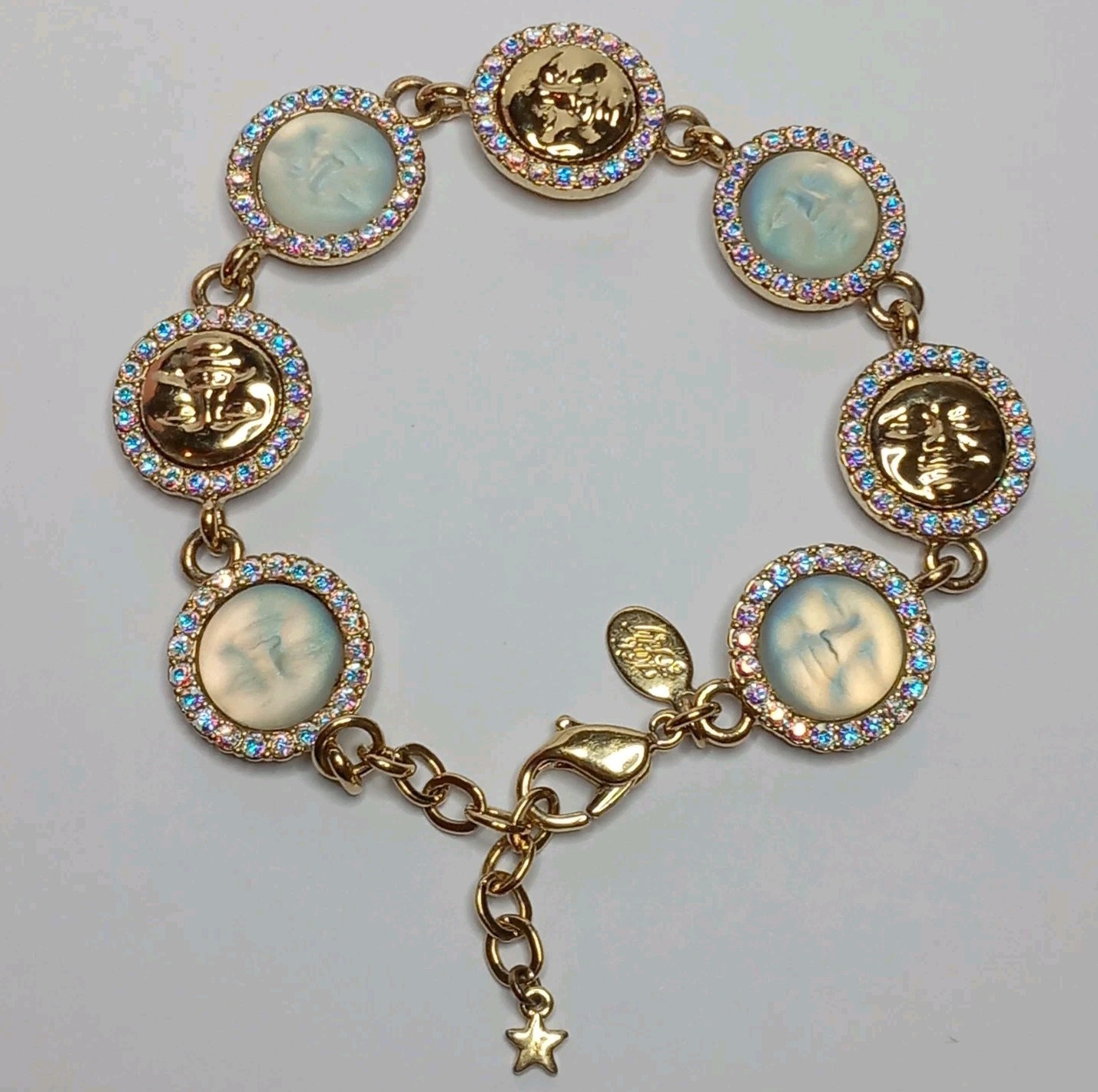KIRKS FOLLY IRIDESCENT SEAVIEW MOON ANGEL FACE AB CRYSTAL GOLD TONE BRACELET VTG