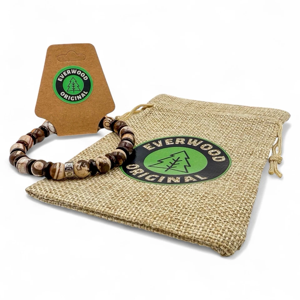 Pulseira masculina de contas de pedra preciosa e madeira - Código Kenobi - Joias elásticas feitas à mão - Imagem 2 de 4