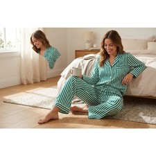 Victoria's Secret Green White Striped Satin Pajama Set Sz M