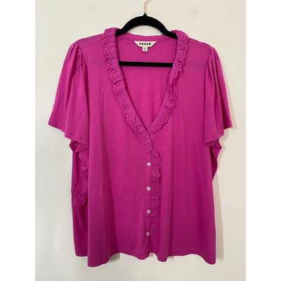 Boden Broderie V-Ausschnitt Top Gr. 20 rosa Flatterärmel Jersey Knopfleiste